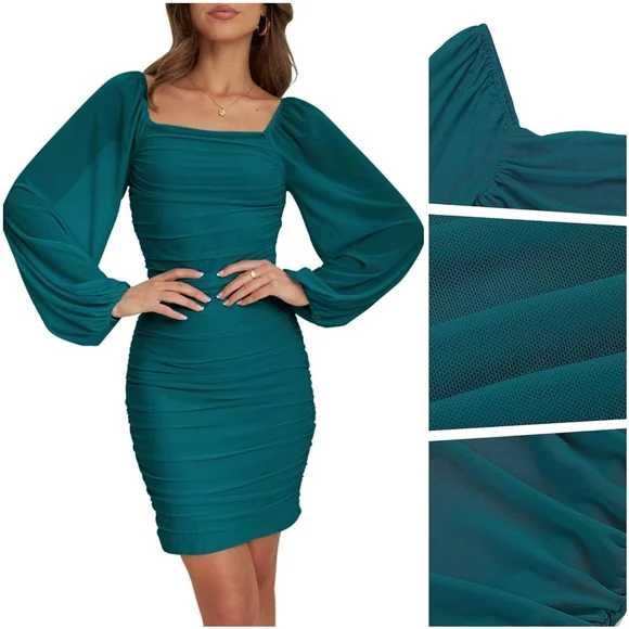 NWT Merokeety Teal Green Blue Mesh Ruched Lanturn Long Sleeve Mini Dress XL - Picture 12 of 16